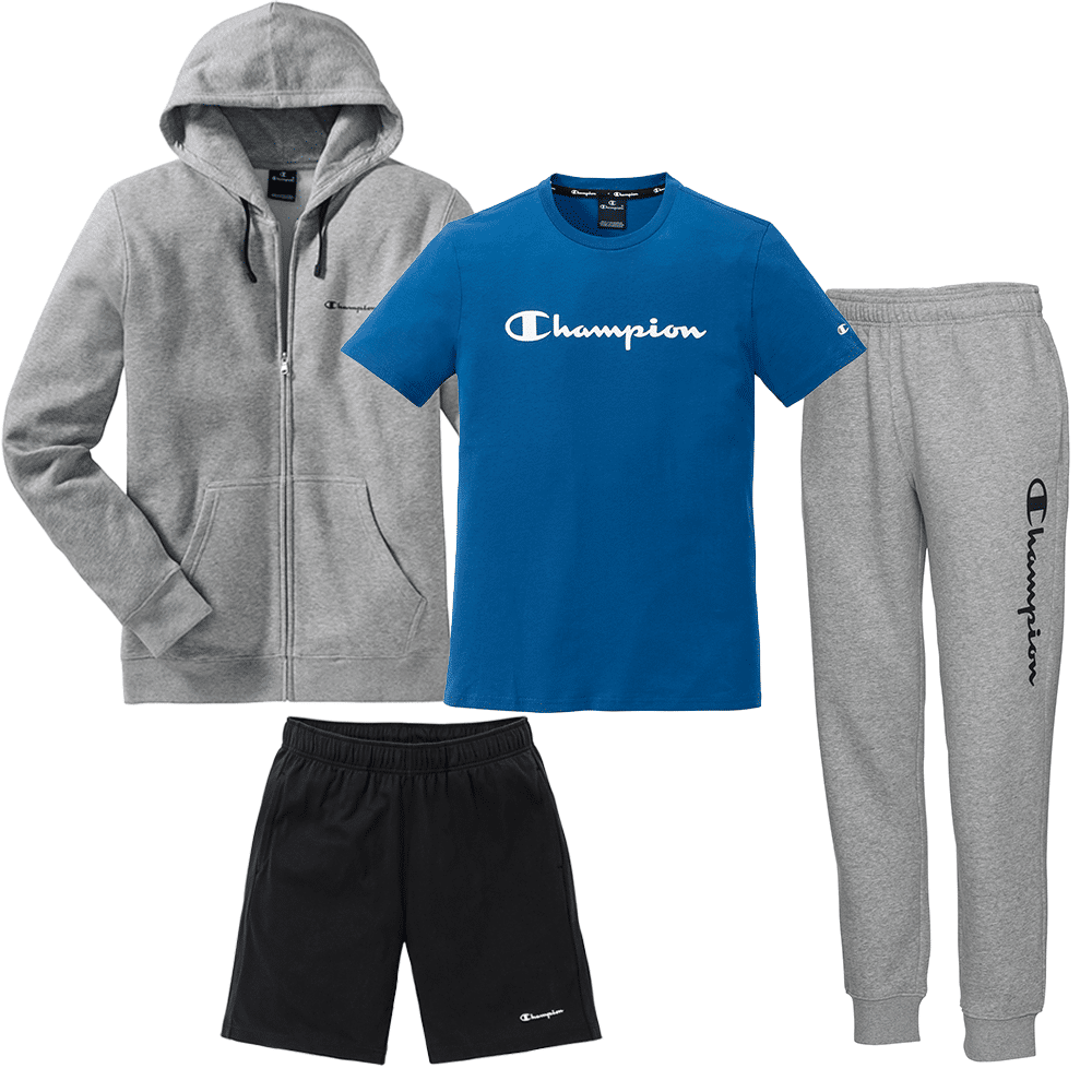 Besonders beliebt: Champion Jogginganzug! Sweatjacke, Sweathose, kurze Trainingshose und Basic-Tshirt. Jetzt günstig bei Vorteilshop kaufen!